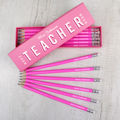 Personalised Best Teacher Ever Box and 12 Pink HB Pencils from Heartfelt Gifts