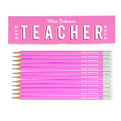Personalised Best Teacher Ever Box and 12 Pink HB Pencils - image 2