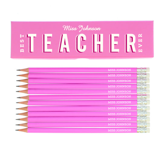 Personalised Best Teacher Ever Box and 12 Pink HB Pencils - image 2
