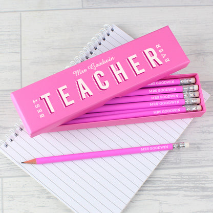 Personalised Best Teacher Ever Box and 12 Pink HB Pencils - image 3
