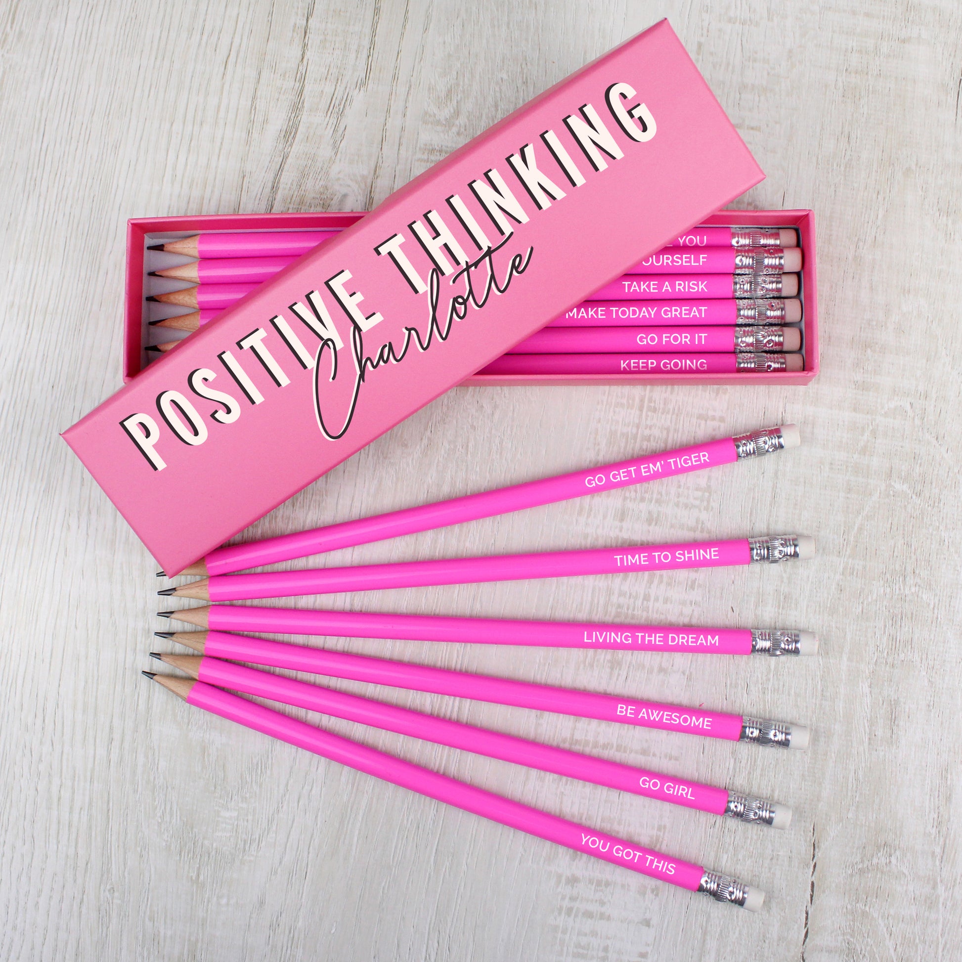 Personalised Positive Thinking Box and 12 Pink HB Pencils from Heartfelt Gifts