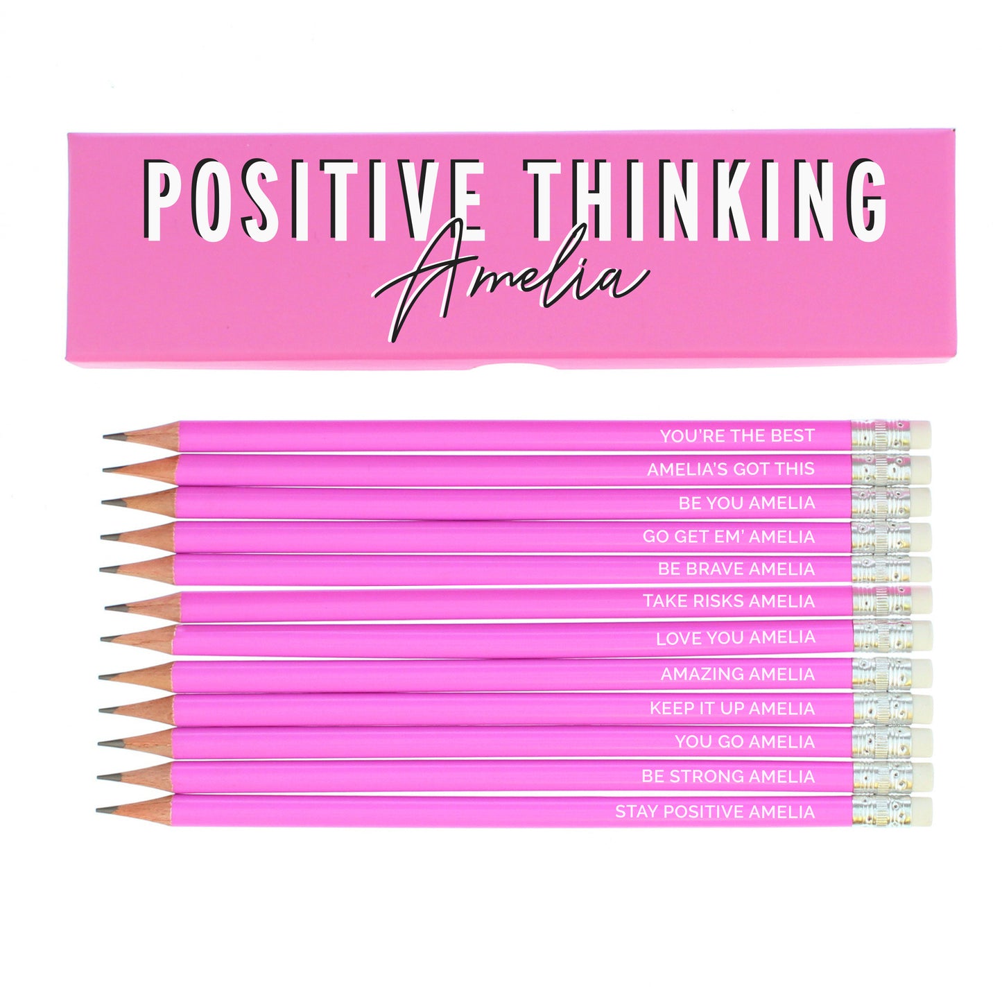 Personalised Positive Thinking Box and 12 Pink HB Pencils - image 2
