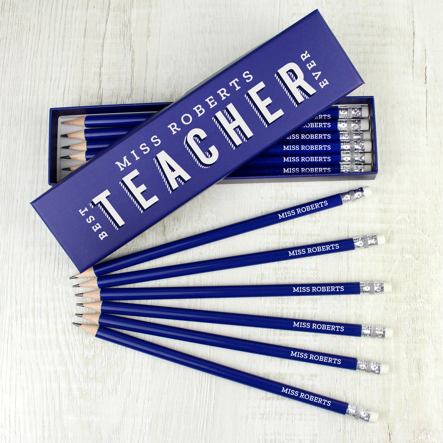 Personalised Best Teacher Ever Box and 12 Blue HB Pencils from Heartfelt Gifts