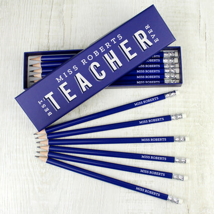 Personalised Best Teacher Ever Box and 12 Blue HB Pencils from Heartfelt Gifts