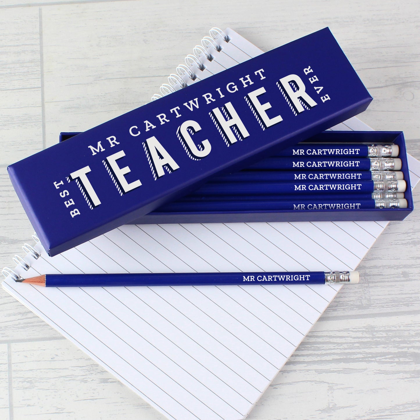 Personalised Best Teacher Ever Box and 12 Blue HB Pencils - image 3