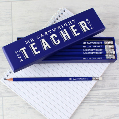 Personalised Best Teacher Ever Box and 12 Blue HB Pencils - image 3