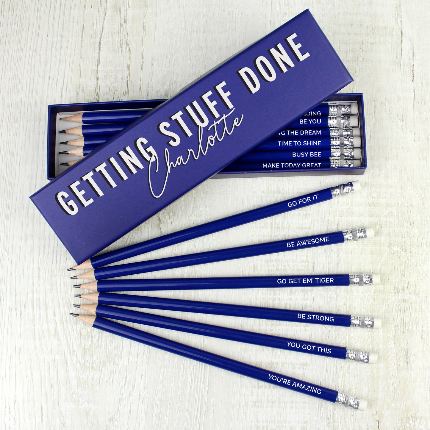 Personalised Getting Stuff Done Box and 12 Blue HB Pencils from Heartfelt Gifts