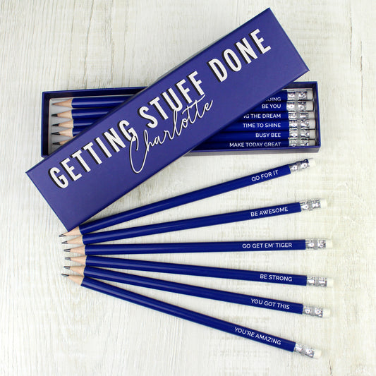 Personalised Getting Stuff Done Box and 12 Blue HB Pencils from Heartfelt Gifts