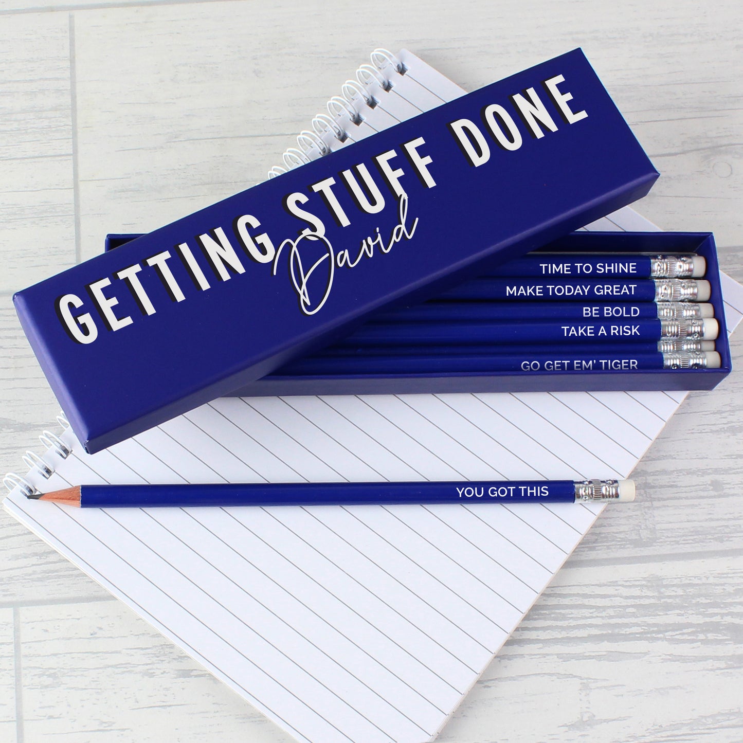 Personalised Getting Stuff Done Box and 12 Blue HB Pencils - image 3