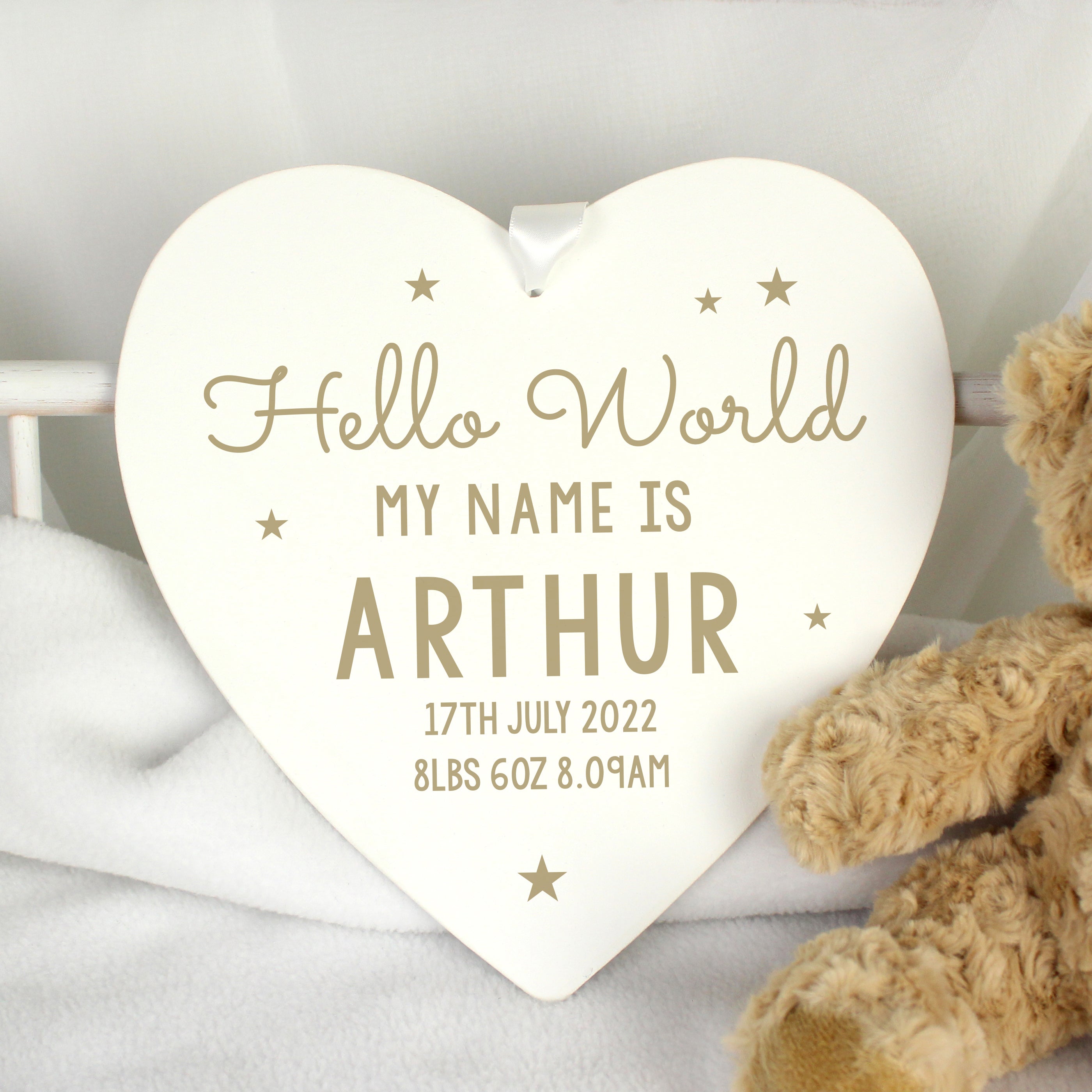 Personalised Hello World Large Wooden Heart Decoration from Heartfelt Gifts