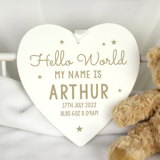 Personalised Hello World Large Wooden Heart Decoration from Heartfelt Gifts
