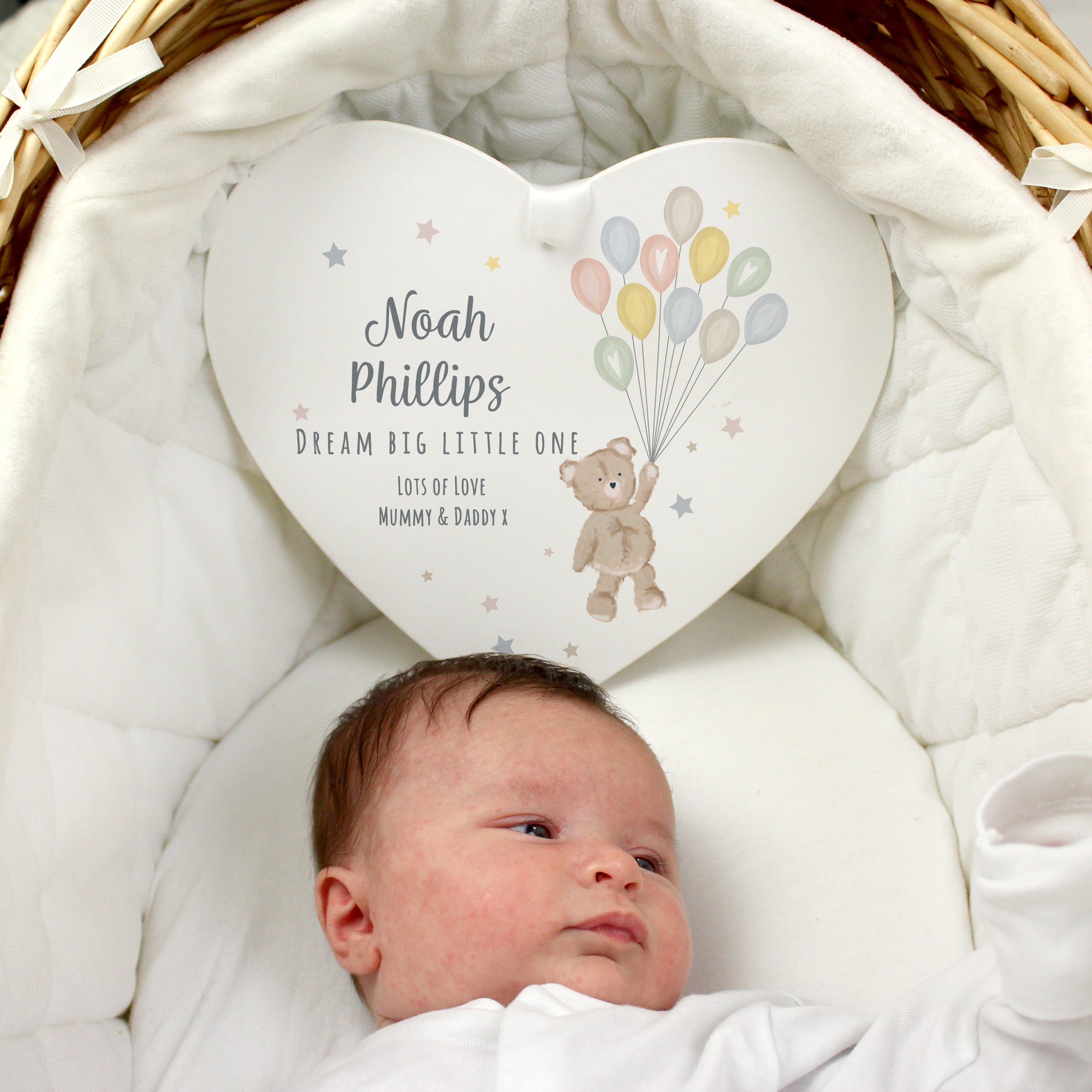 Personalised Teddy & Balloons White Wooden Heart from Heartfelt Gifts