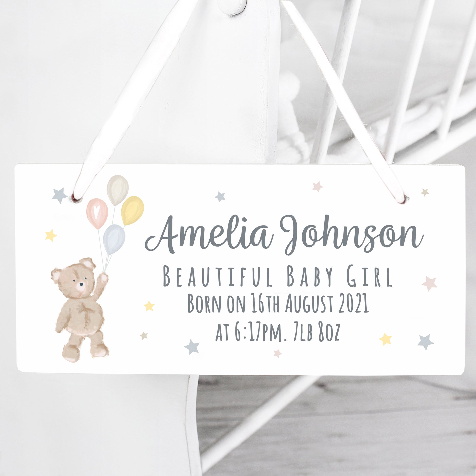 Personalised Teddy & Balloons White Wooden Sign - image 3