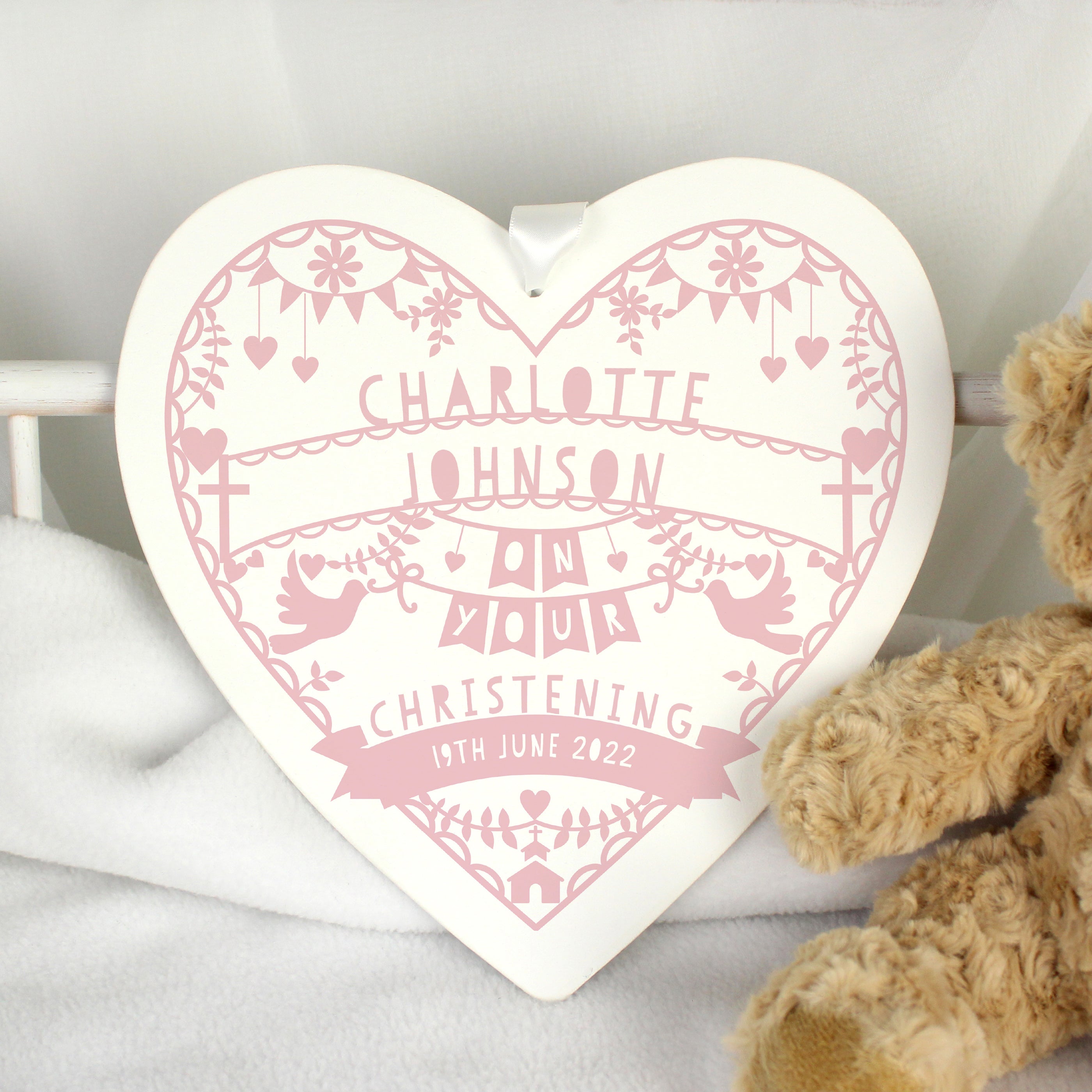 Personalised Pink Papercut Style Large Wooden Heart from Heartfelt Gifts