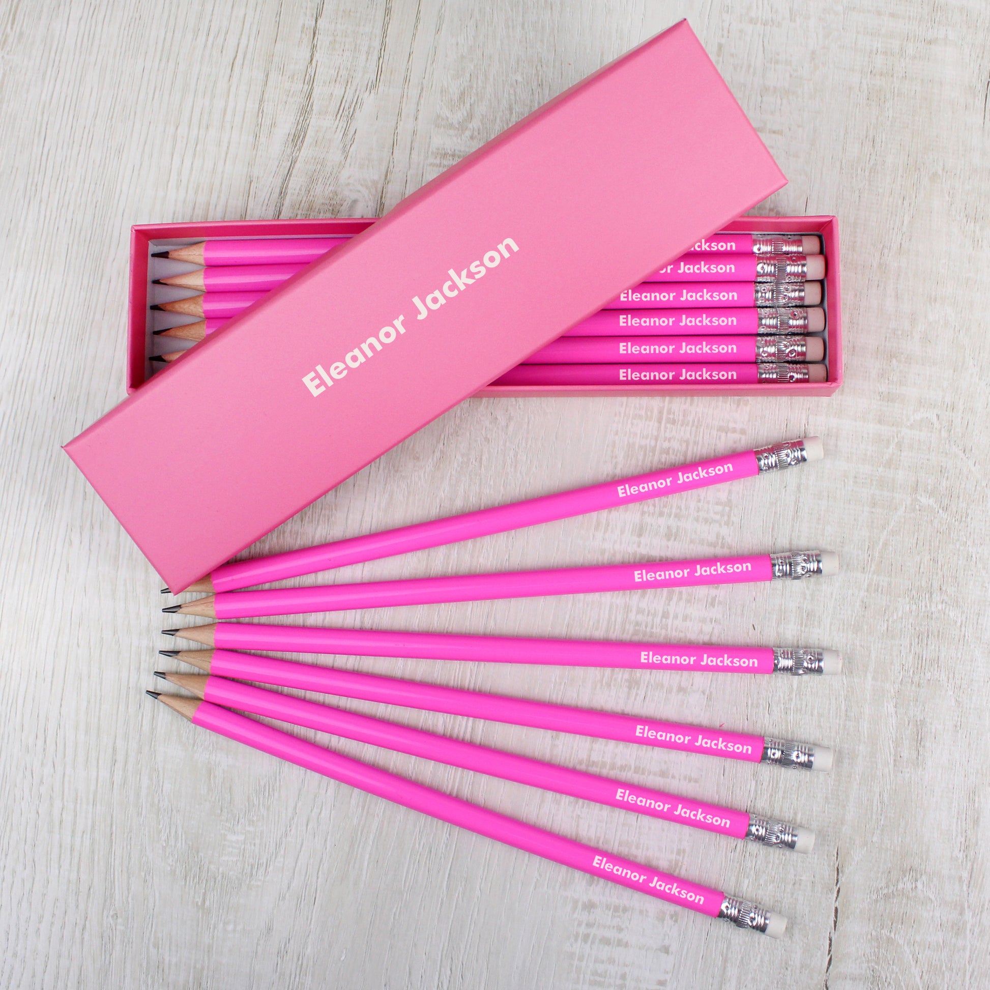 Personalised Name Only Box and 12 Pink HB Pencils from Heartfelt Gifts