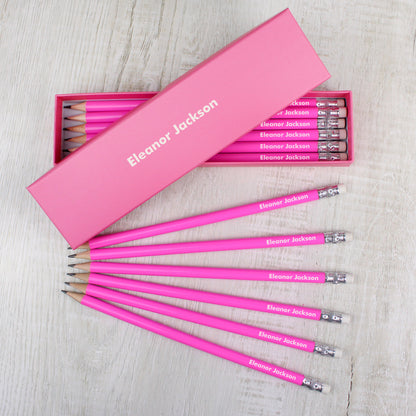 Personalised Name Only Box and 12 Pink HB Pencils from Heartfelt Gifts