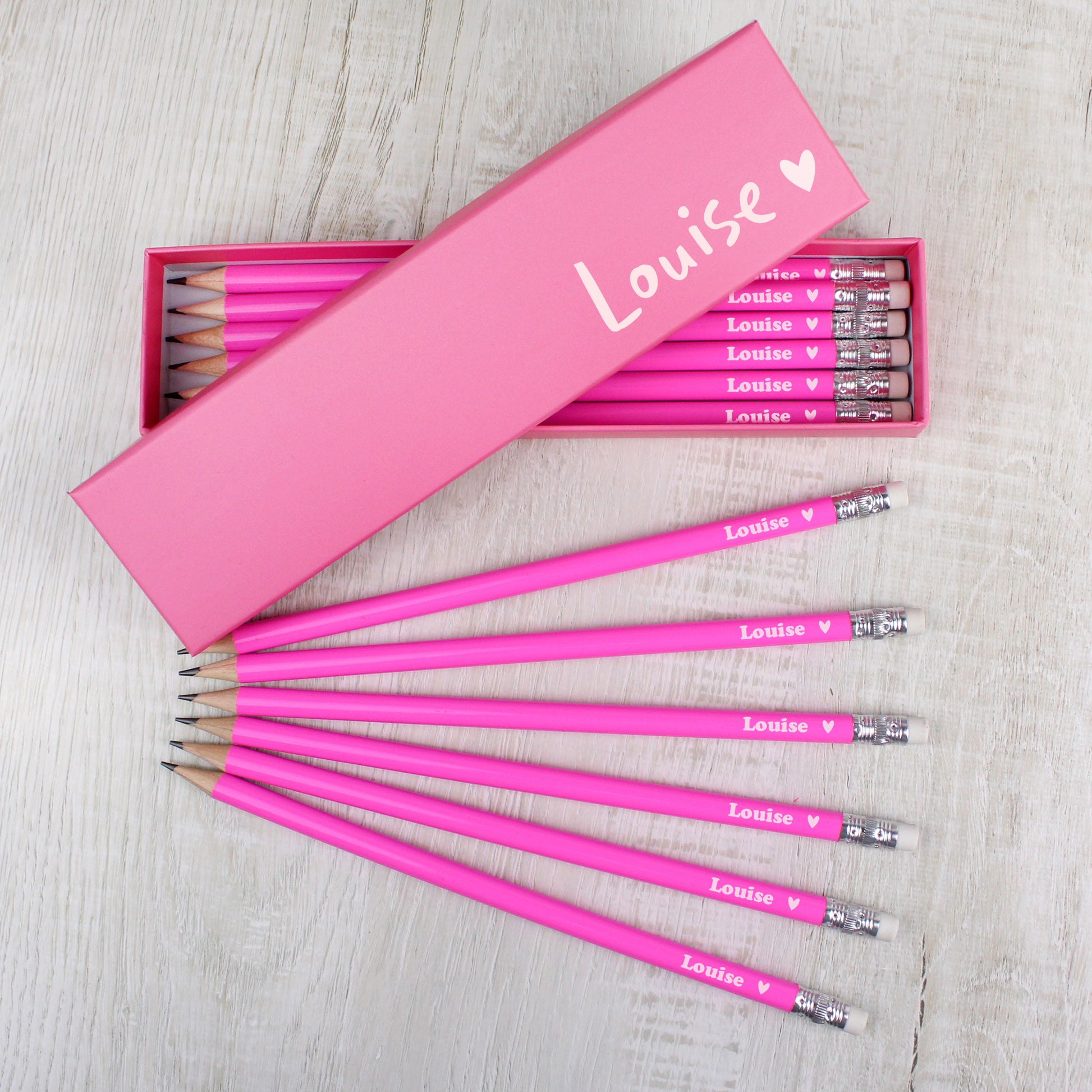 Personalised Heart Box and 12 Pink HB Pencils from Heartfelt Gifts