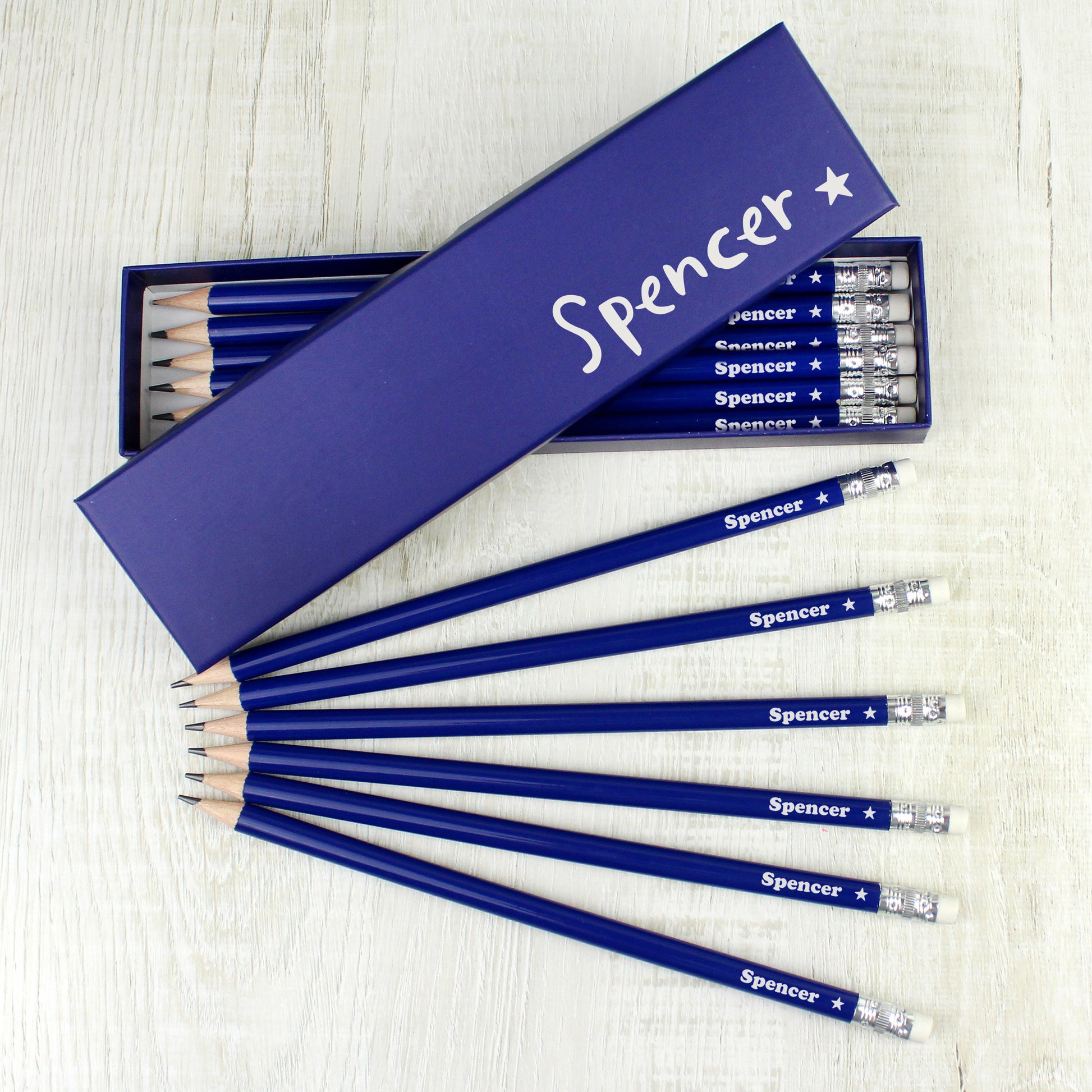Personalised Star Box and 12 Blue HB Pencils from Heartfelt Gifts