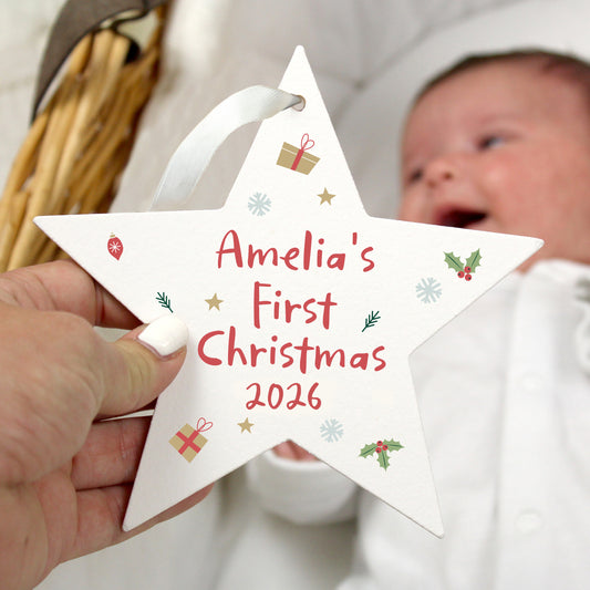 Personalised First Christmas Wooden Star Decoration - image 2