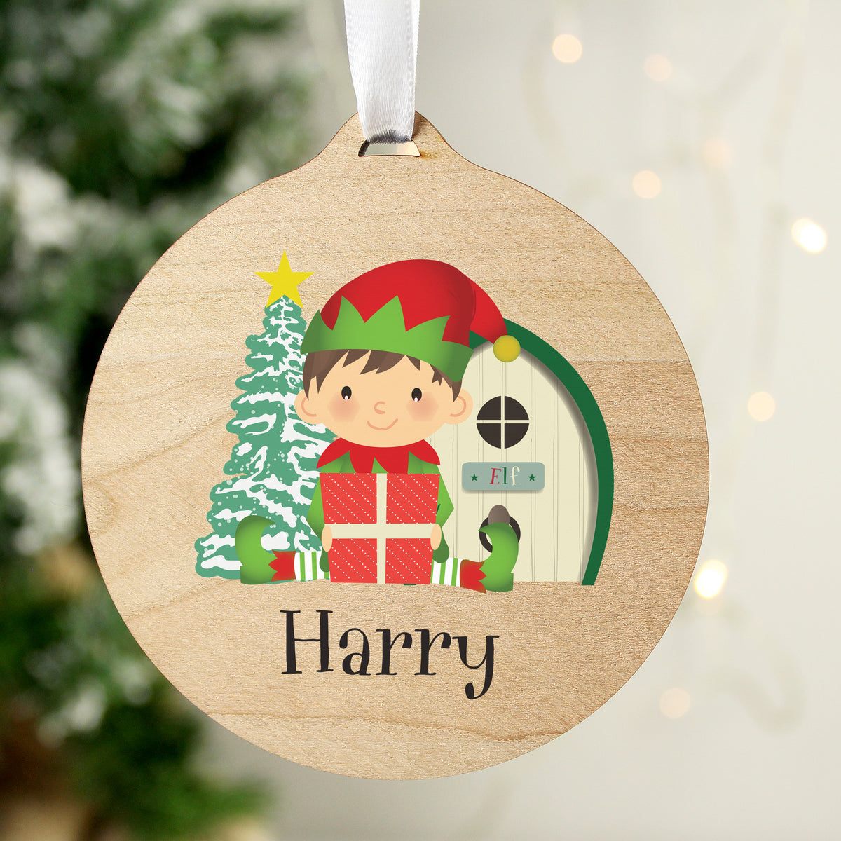 Personalised Elf Round Wooden Decoration from Heartfelt Gifts