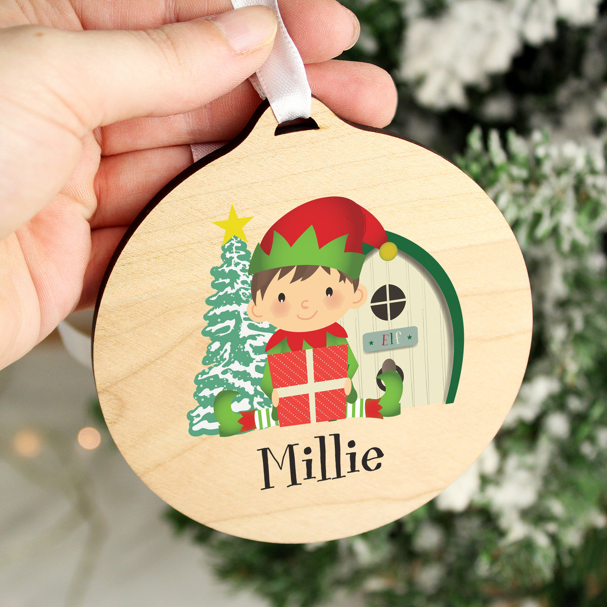 Personalised Elf Round Wooden Decoration - image 2