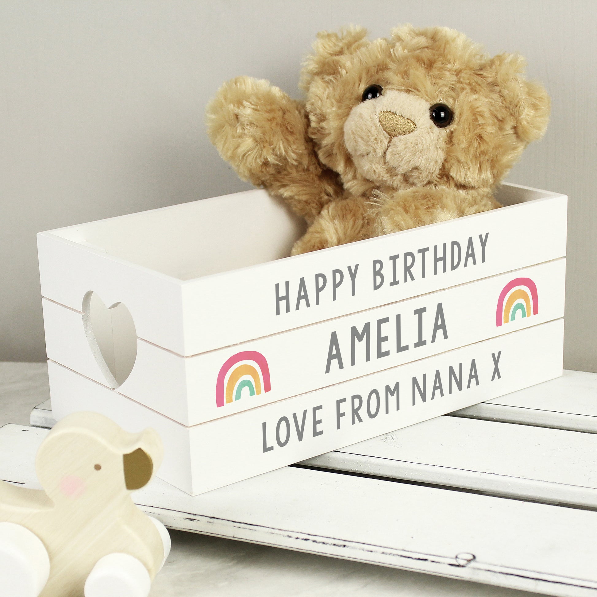 Personalised Rainbow White Wooden Crate from Heartfelt Gifts