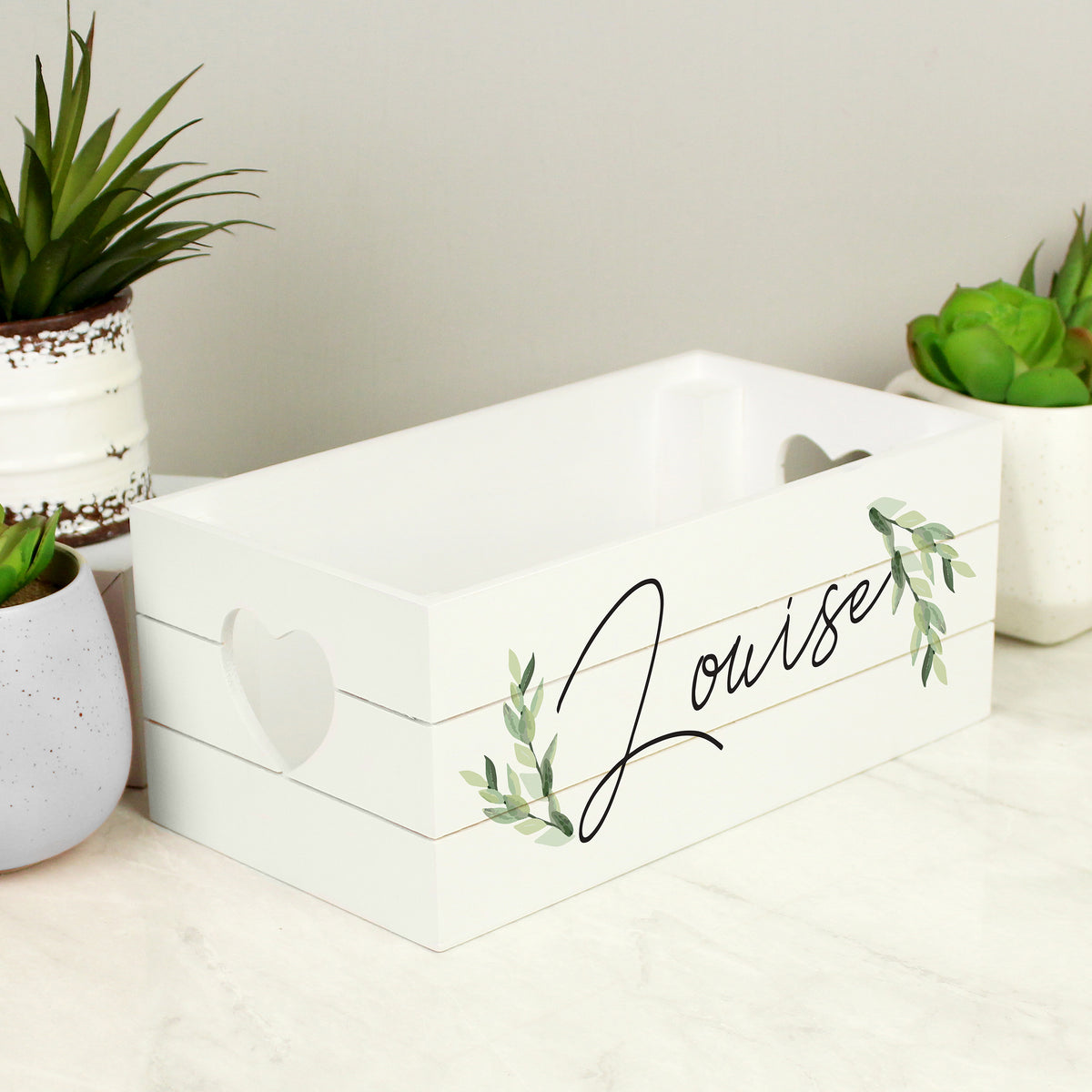 Personalised Name Only Botanical White Wooden Crate from Heartfelt Gifts
