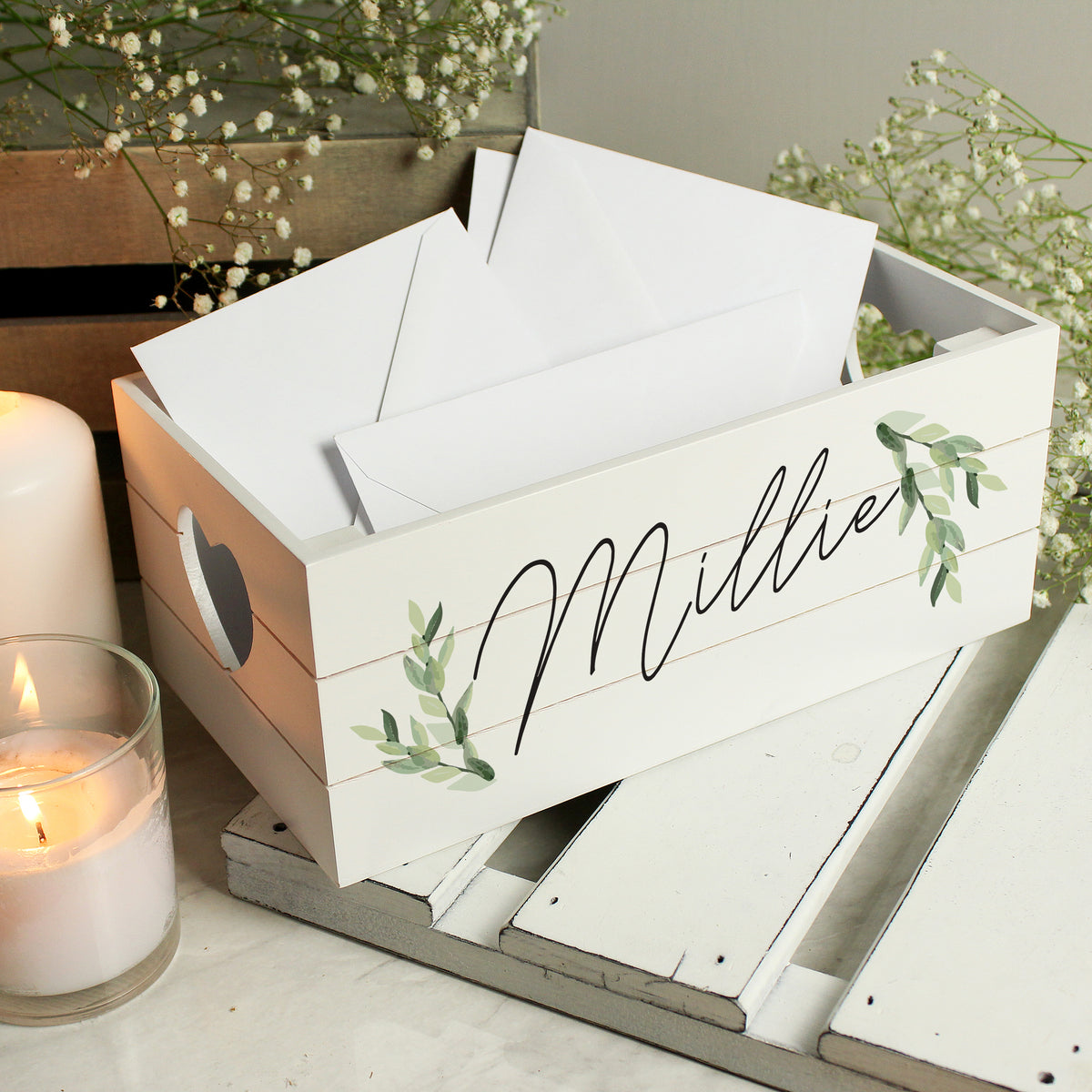 Personalised Name Only Botanical White Wooden Crate - image 3
