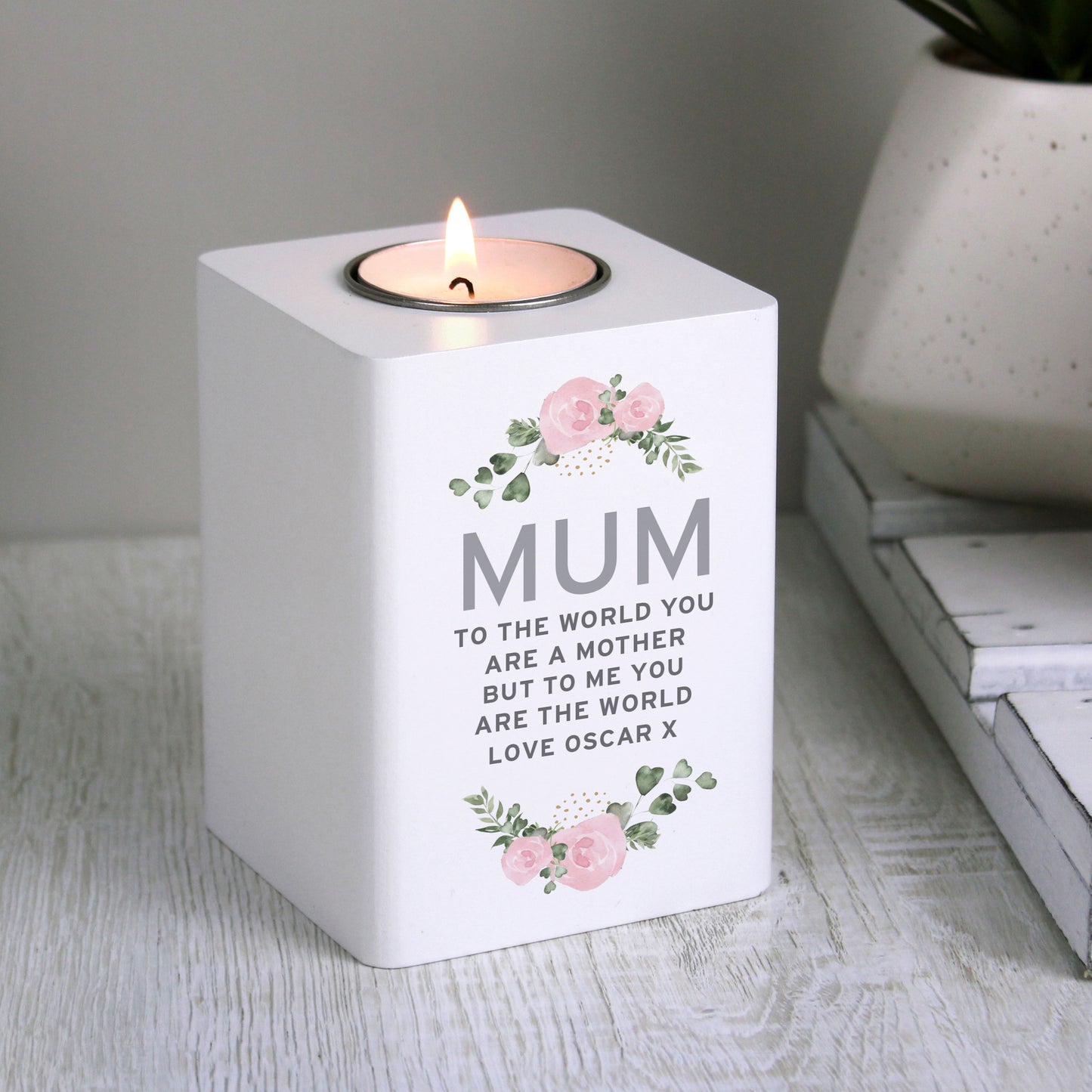 Personalised Abstract Rose White Wooden Tea light Holder from Heartfelt Gifts