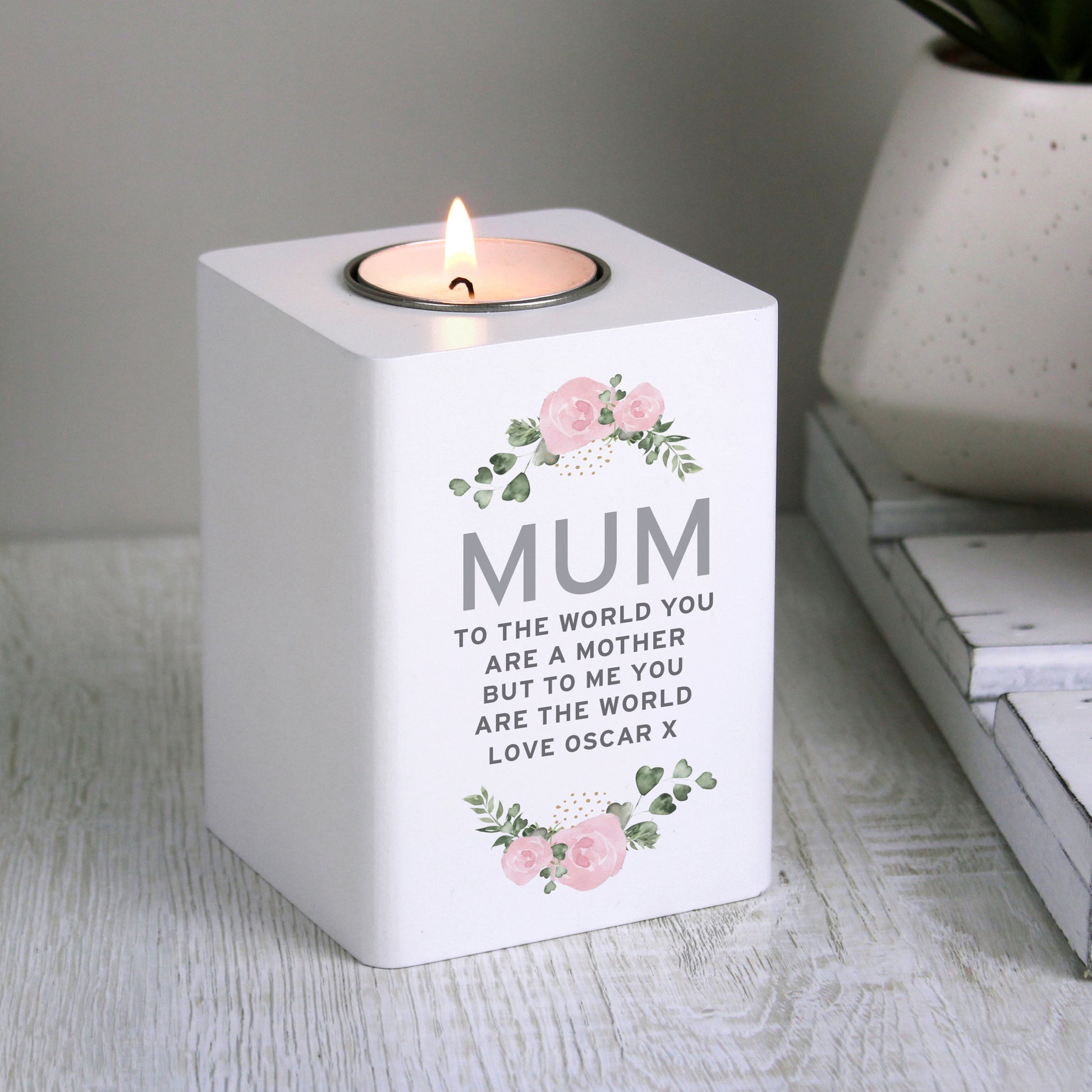 Personalised Abstract Rose White Wooden Tea light Holder from Heartfelt Gifts