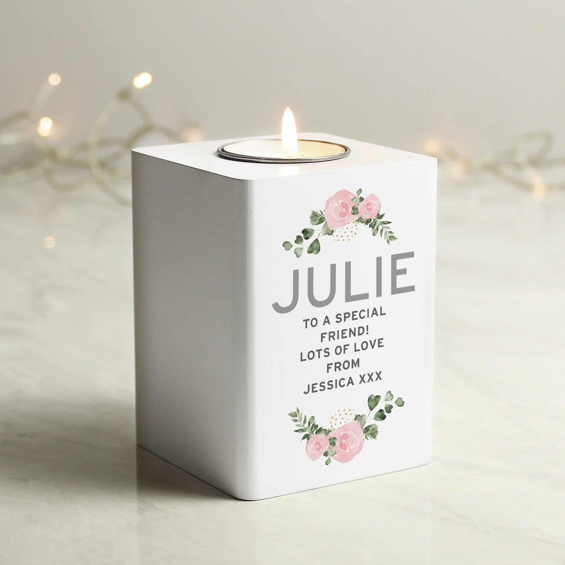 Personalised Abstract Rose White Wooden Tea light Holder - image 3
