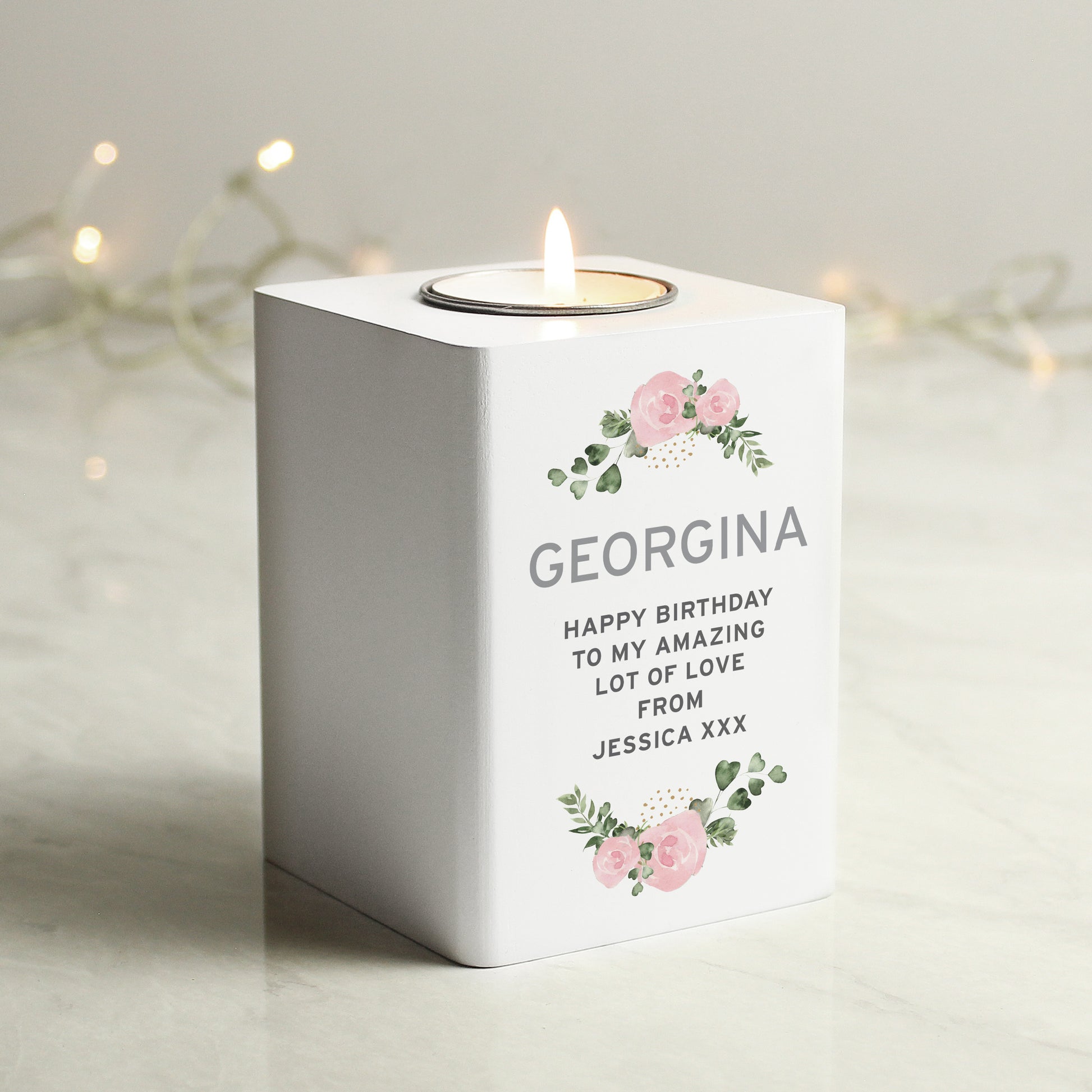 Personalised Abstract Rose White Wooden Tea light Holder - image 4