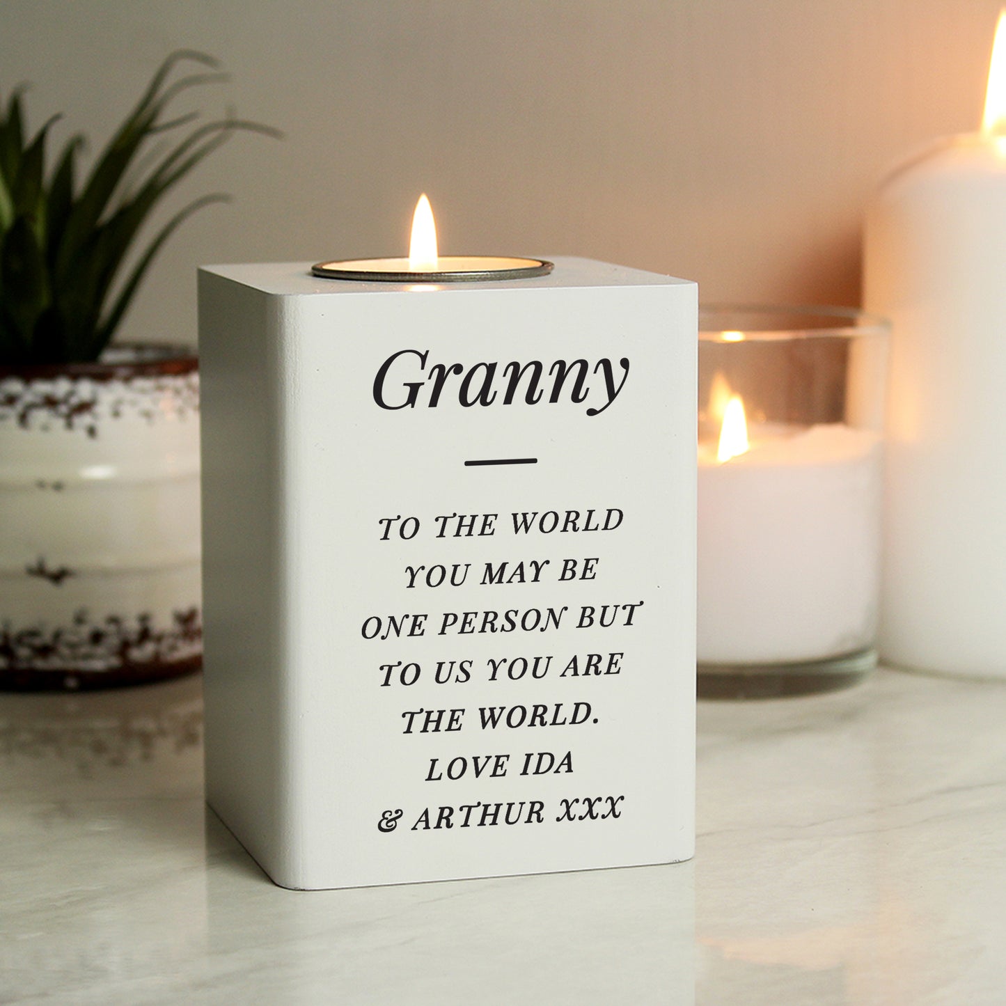 Personalised Free Text White Wooden Tea light Holder from Heartfelt Gifts