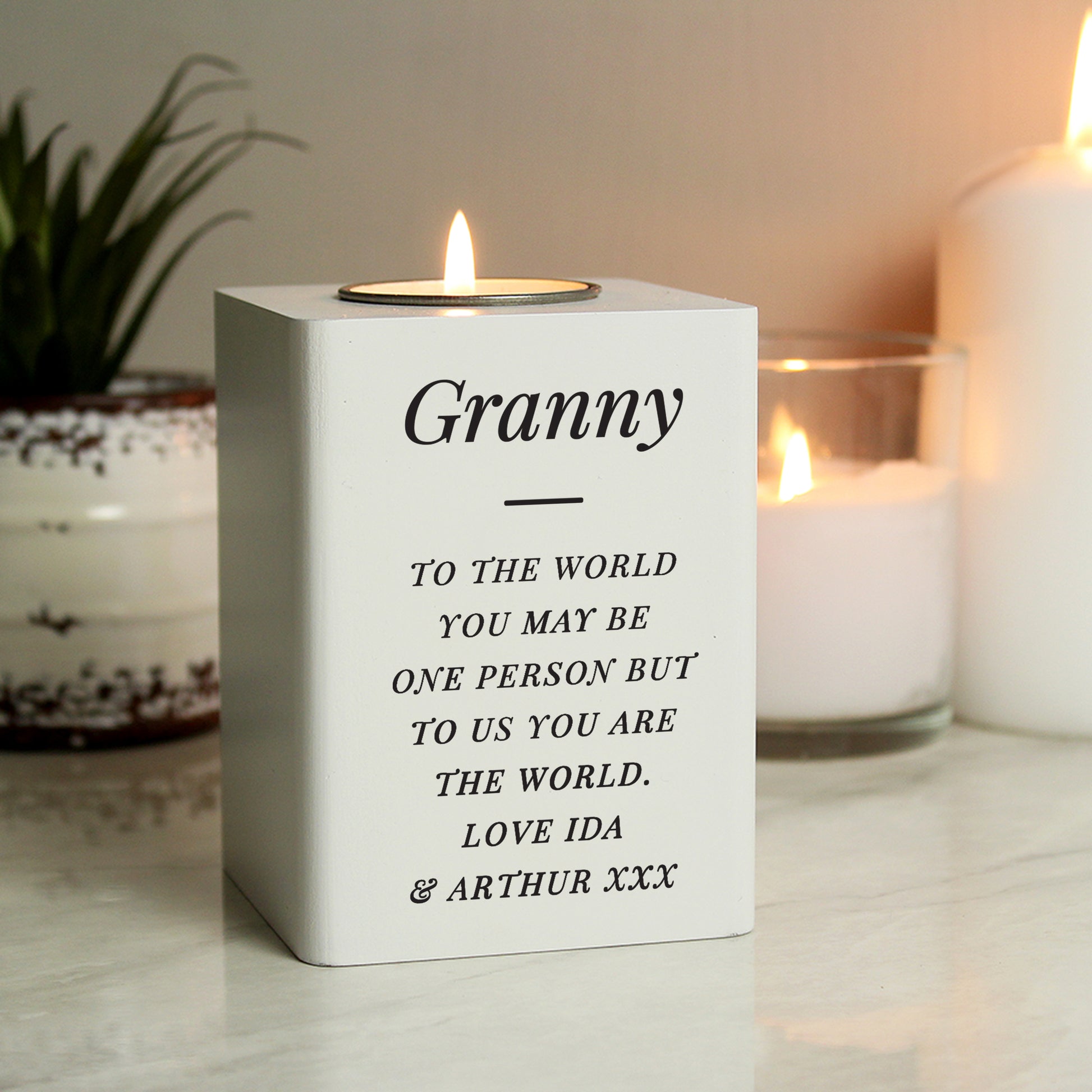 Personalised Free Text White Wooden Tea light Holder from Heartfelt Gifts