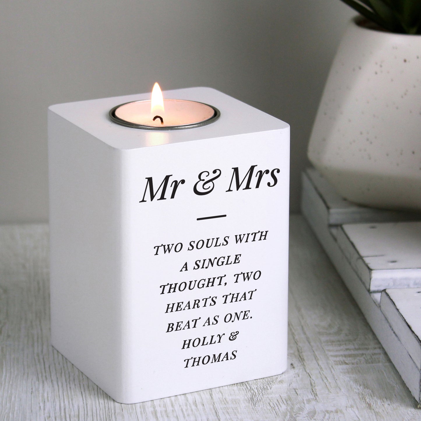 Personalised Free Text White Wooden Tea light Holder - image 3