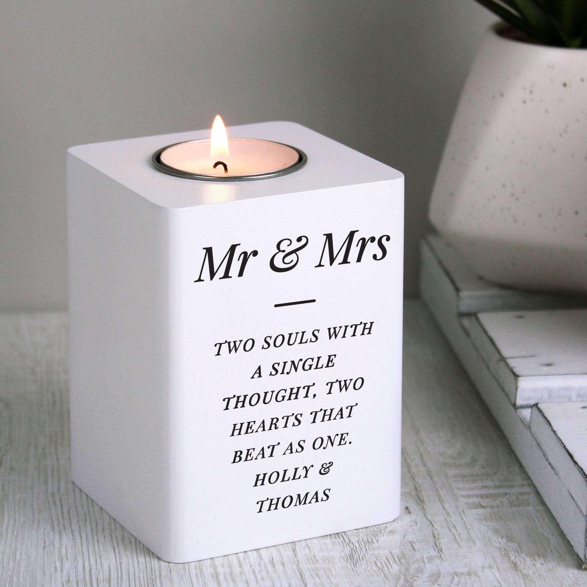 Personalised Free Text White Wooden Tea light Holder - image 3
