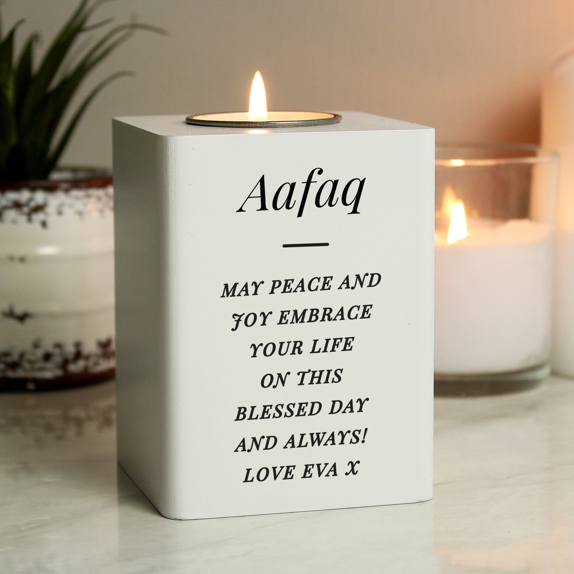 Personalised Free Text White Wooden Tea light Holder - image 8