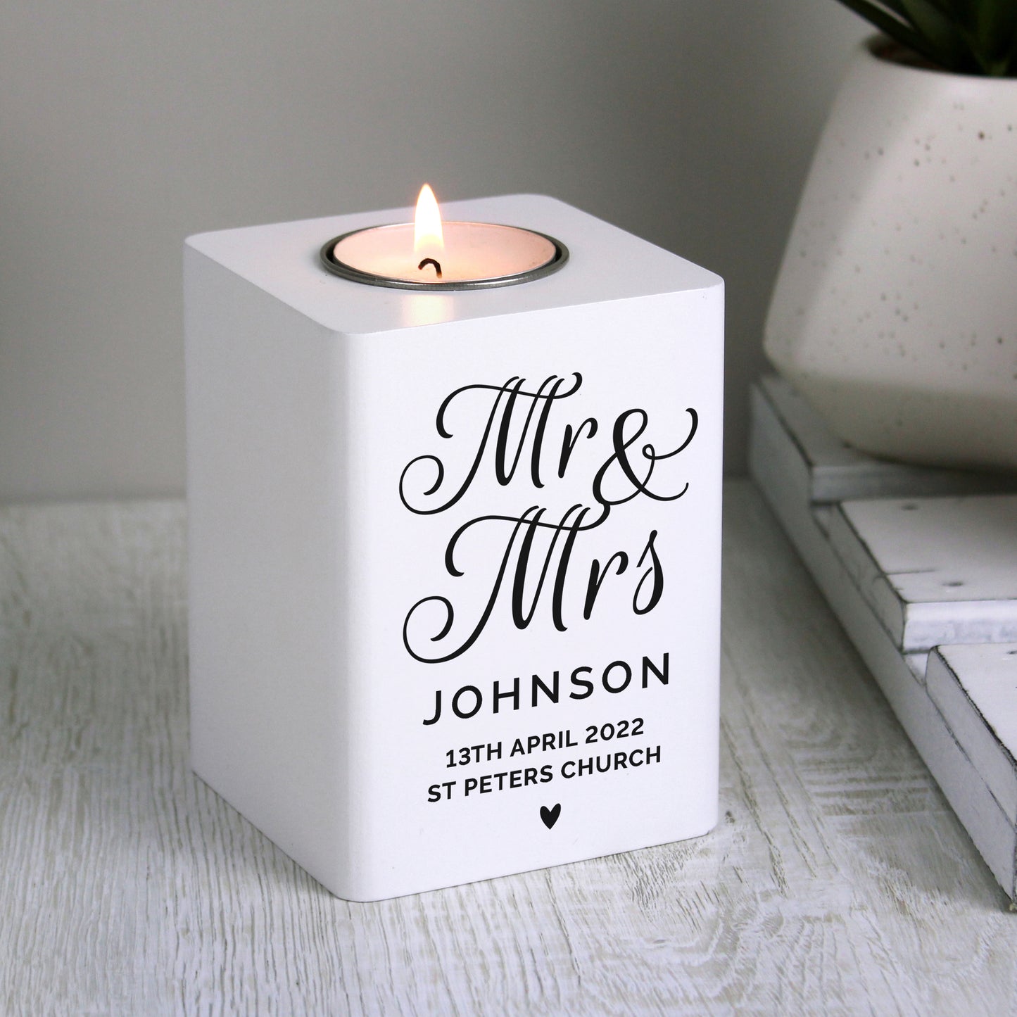 Personalised Mr & Mrs White Wooden Tea light Holder from Heartfelt Gifts
