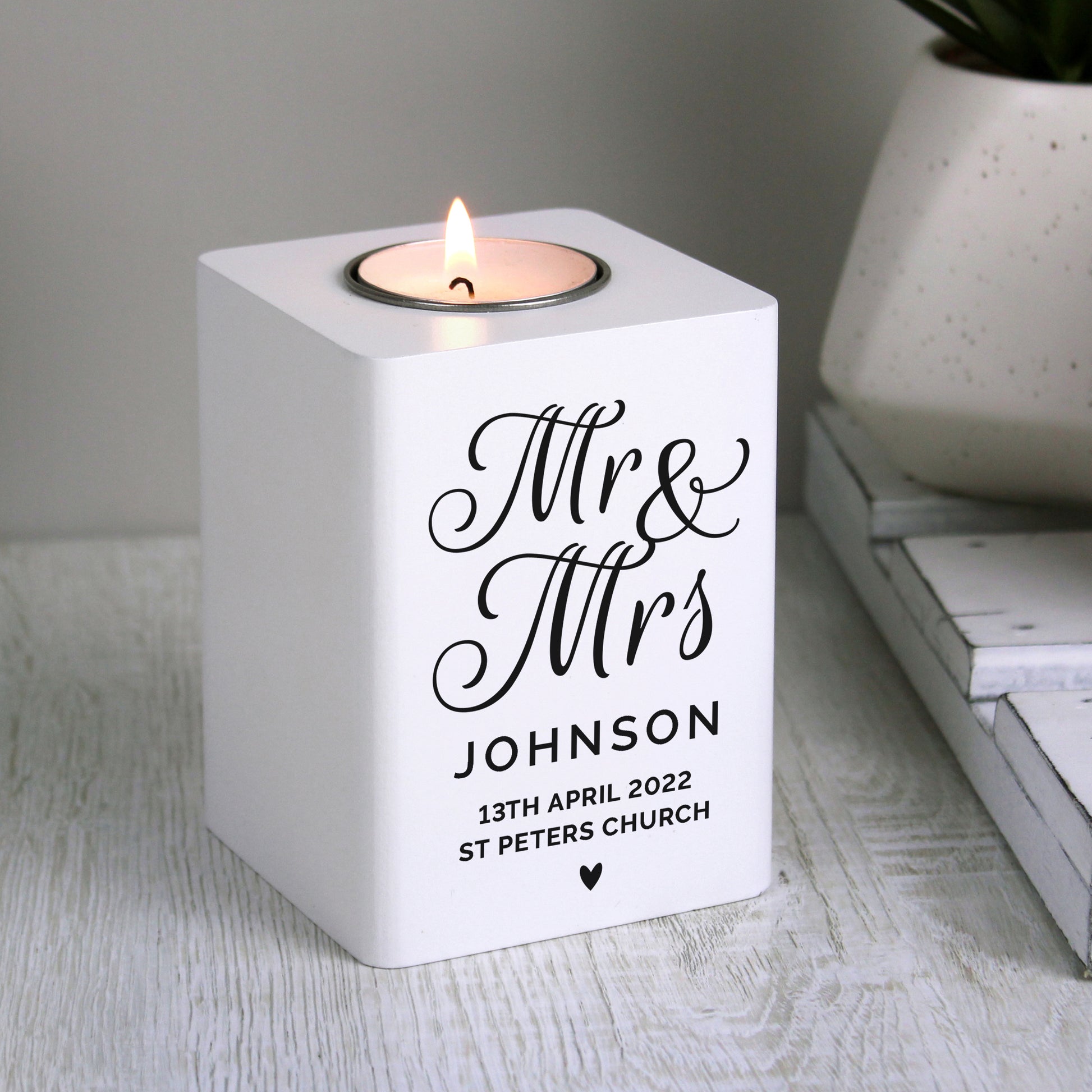 Personalised Mr & Mrs White Wooden Tea light Holder from Heartfelt Gifts