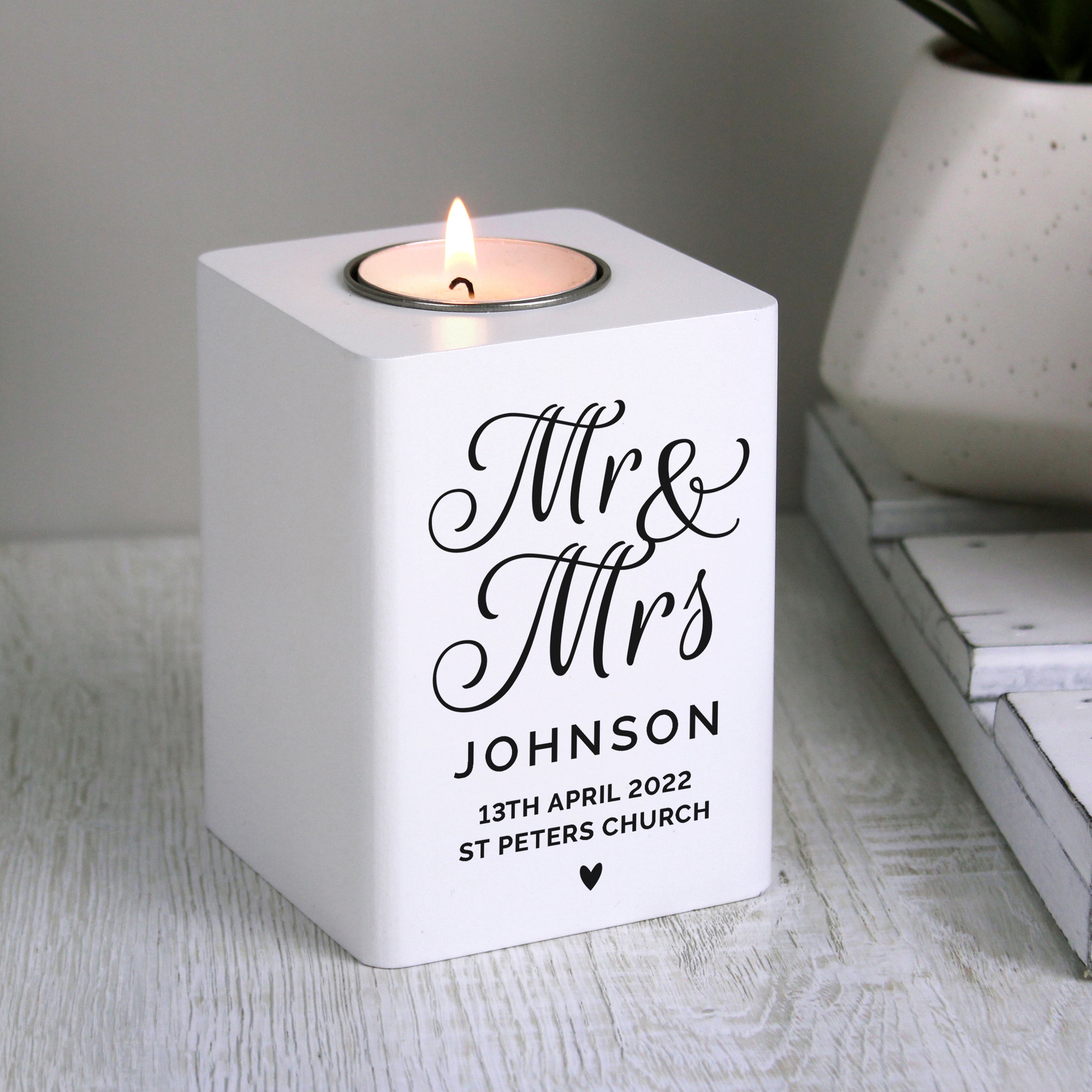 Personalised Mr & Mrs White Wooden Tea light Holder from Heartfelt Gifts