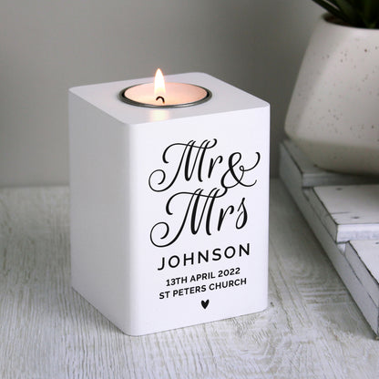 Personalised Mr & Mrs White Wooden Tea light Holder from Heartfelt Gifts