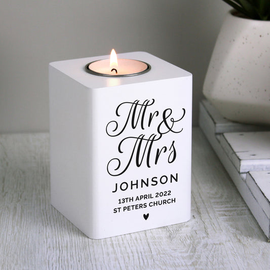 Personalised Mr & Mrs White Wooden Tea light Holder from Heartfelt Gifts