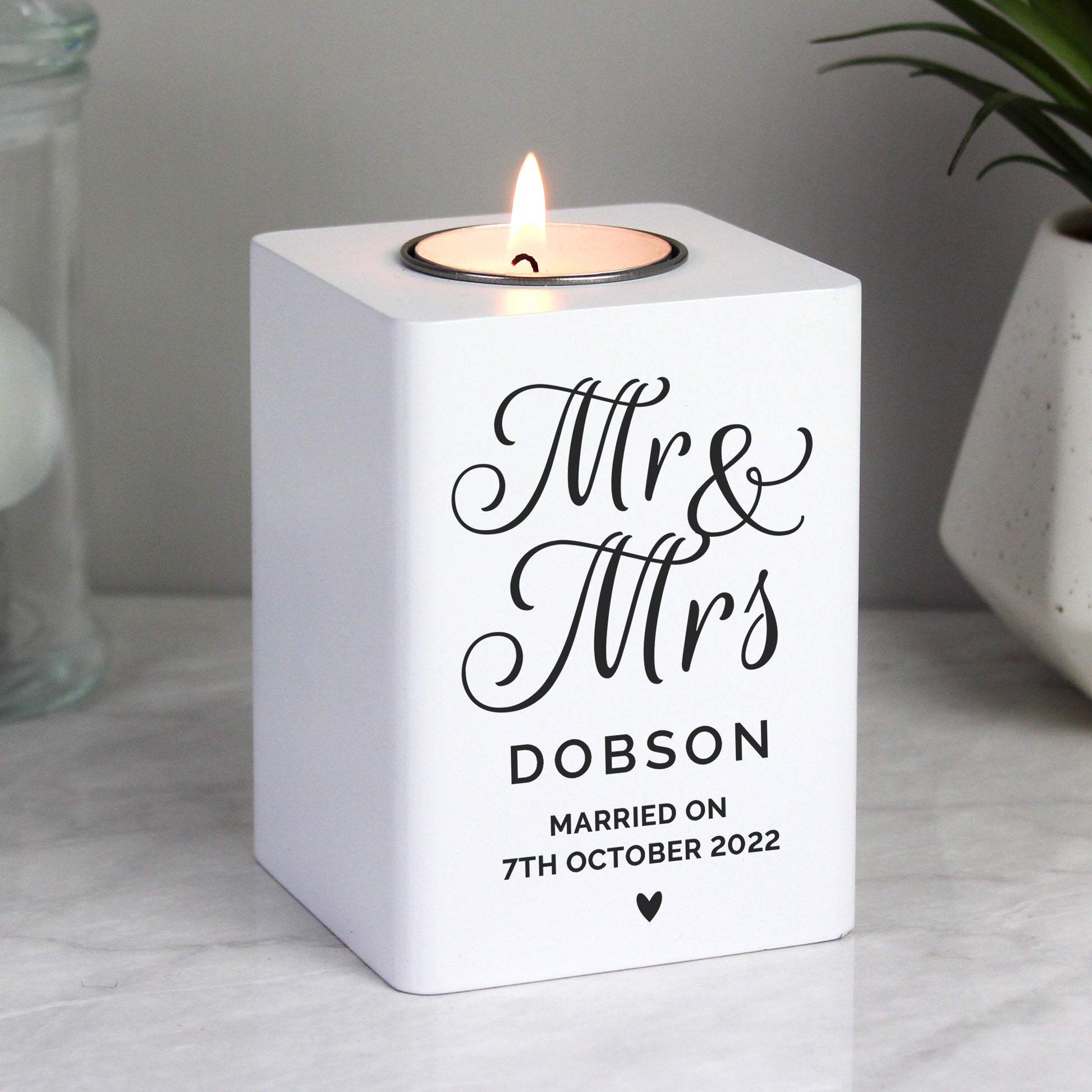 Personalised Mr & Mrs White Wooden Tea light Holder - image 2