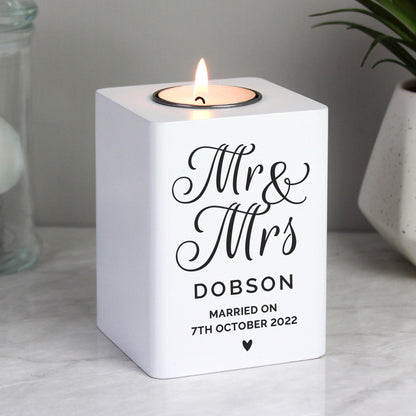 Personalised Mr & Mrs White Wooden Tea light Holder - image 2