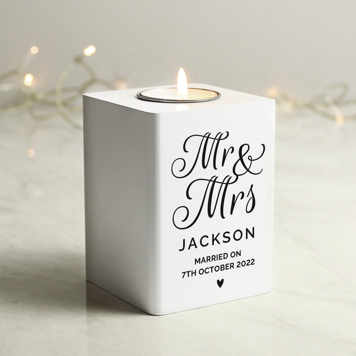 Personalised Mr & Mrs White Wooden Tea light Holder - image 3