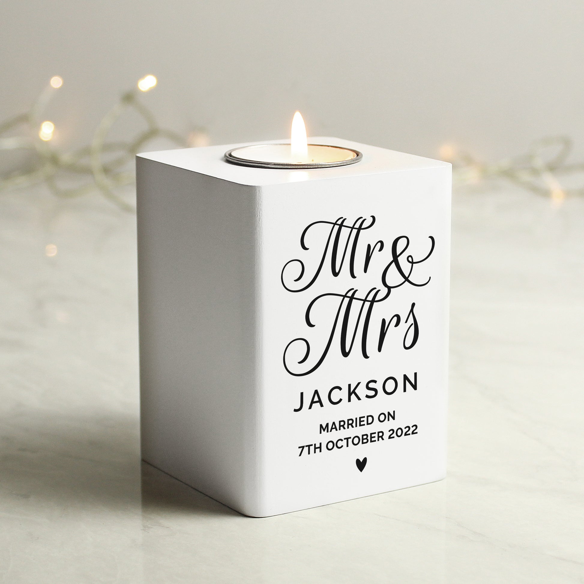 Personalised Mr & Mrs White Wooden Tea light Holder - image 3