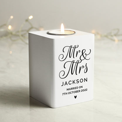 Personalised Mr & Mrs White Wooden Tea light Holder - image 3