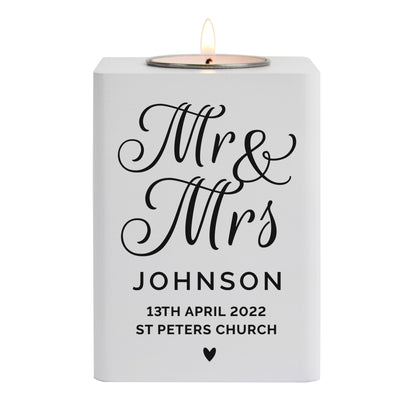 Personalised Mr & Mrs White Wooden Tea light Holder - image 4
