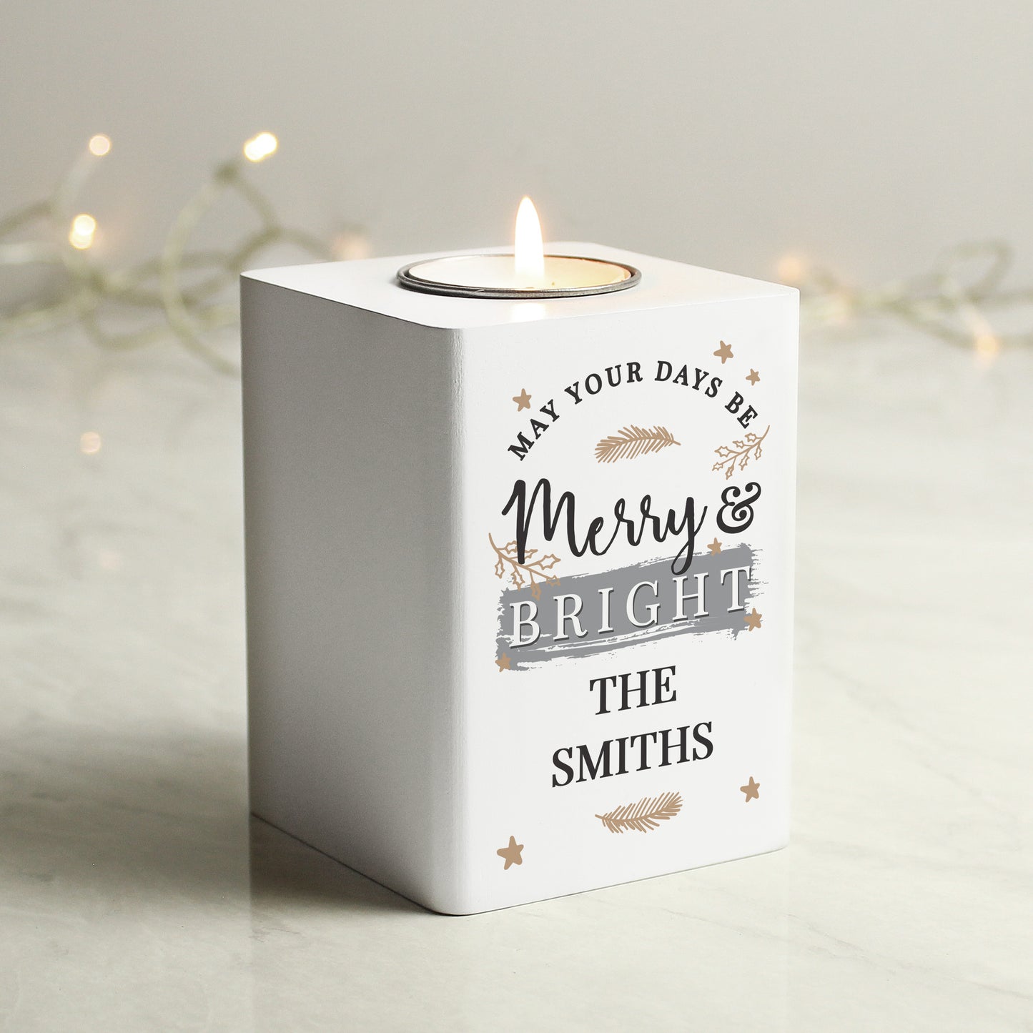 Personalised Merry & Bright White Wooden Tea light Holder from Heartfelt Gifts