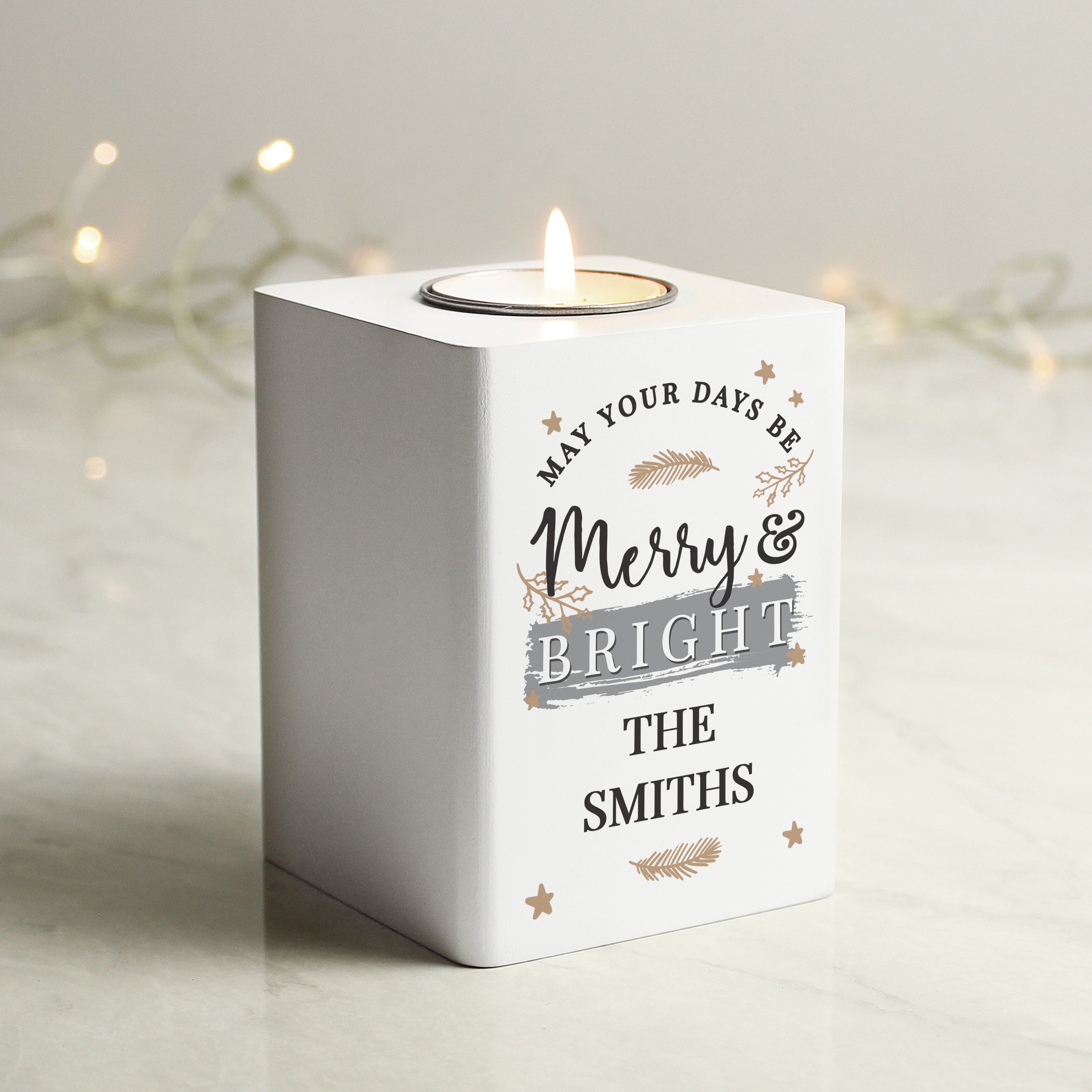 Personalised Merry & Bright White Wooden Tea light Holder from Heartfelt Gifts